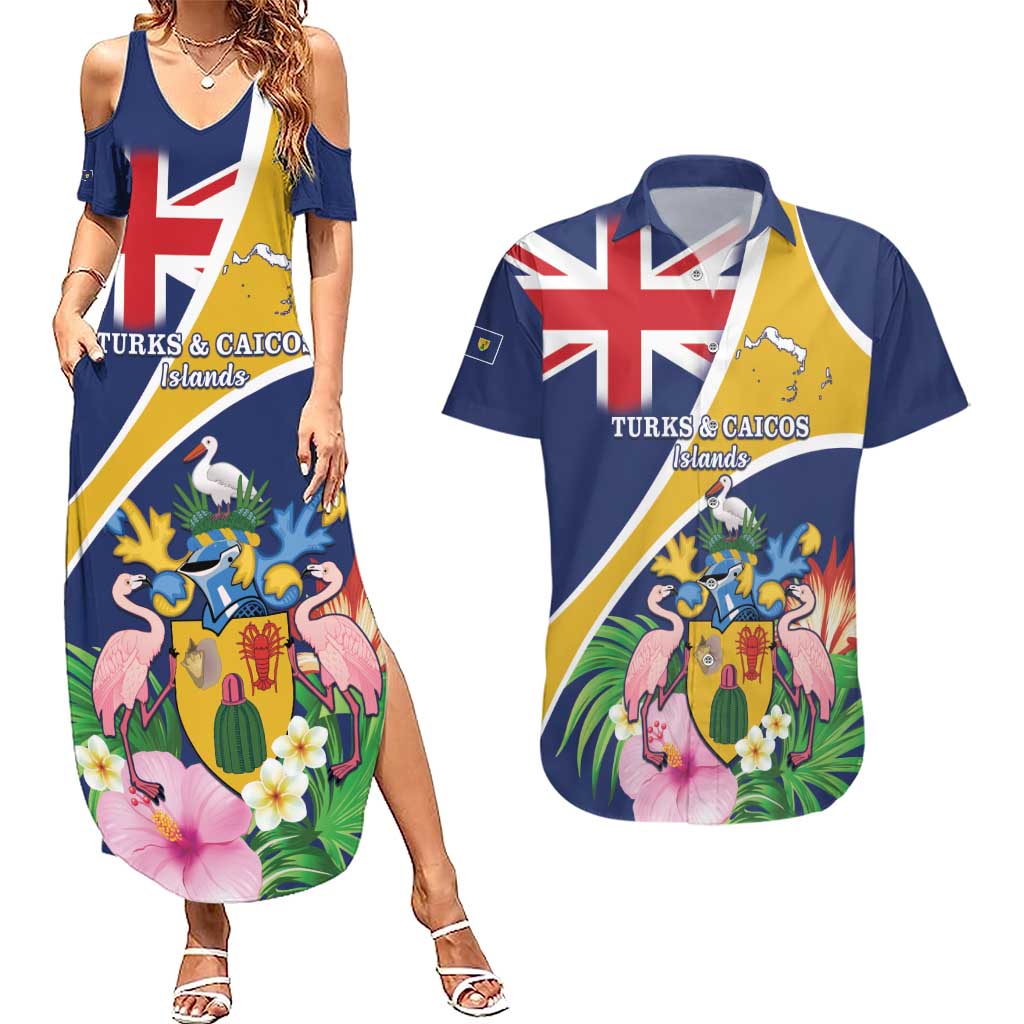 Personalised Turks And Caicos Islands Couples Matching Summer Maxi Dress and Hawaiian Shirt Coat Of Arms Tropical Flower - Wonder Print Shop
