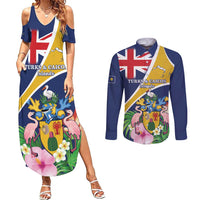 Personalised Turks And Caicos Islands Couples Matching Summer Maxi Dress and Long Sleeve Button Shirt Coat Of Arms Tropical Flower - Wonder Print Shop