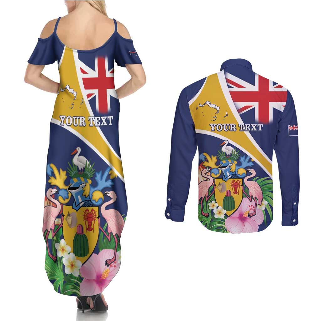 Personalised Turks And Caicos Islands Couples Matching Summer Maxi Dress and Long Sleeve Button Shirt Coat Of Arms Tropical Flower - Wonder Print Shop