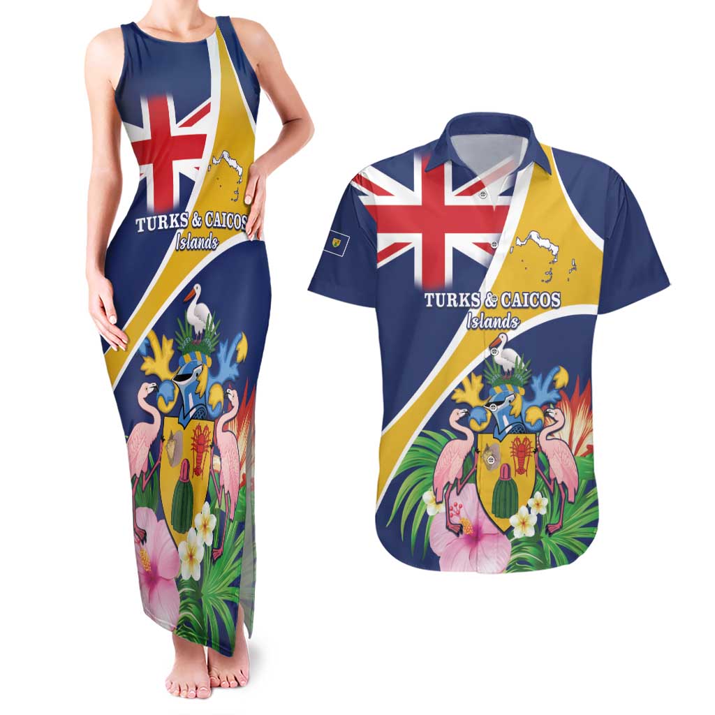 Personalised Turks And Caicos Islands Couples Matching Tank Maxi Dress and Hawaiian Shirt Coat Of Arms Tropical Flower - Wonder Print Shop
