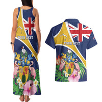 Personalised Turks And Caicos Islands Couples Matching Tank Maxi Dress and Hawaiian Shirt Coat Of Arms Tropical Flower - Wonder Print Shop