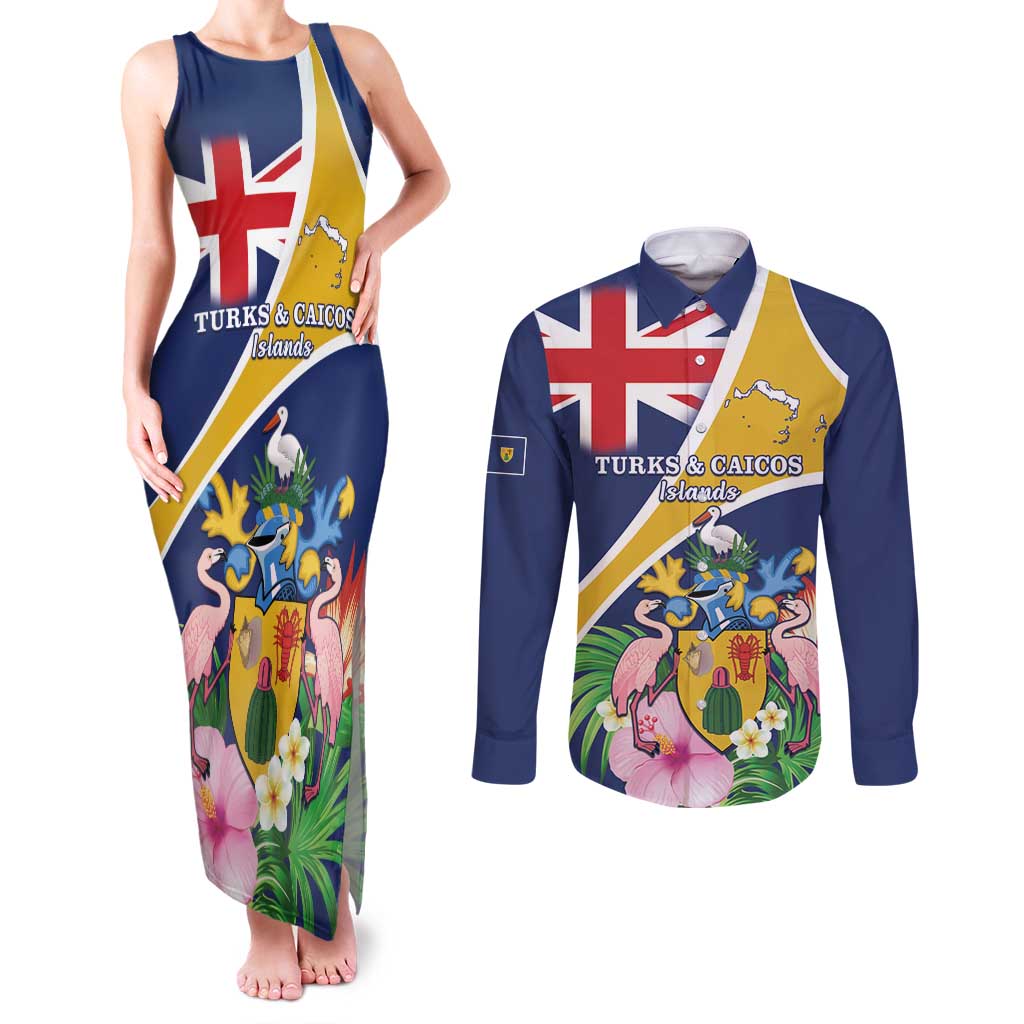 Personalised Turks And Caicos Islands Couples Matching Tank Maxi Dress and Long Sleeve Button Shirt Coat Of Arms Tropical Flower - Wonder Print Shop