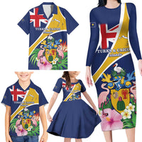 Personalised Turks And Caicos Islands Family Matching Long Sleeve Bodycon Dress and Hawaiian Shirt Coat Of Arms Tropical Flower - Wonder Print Shop
