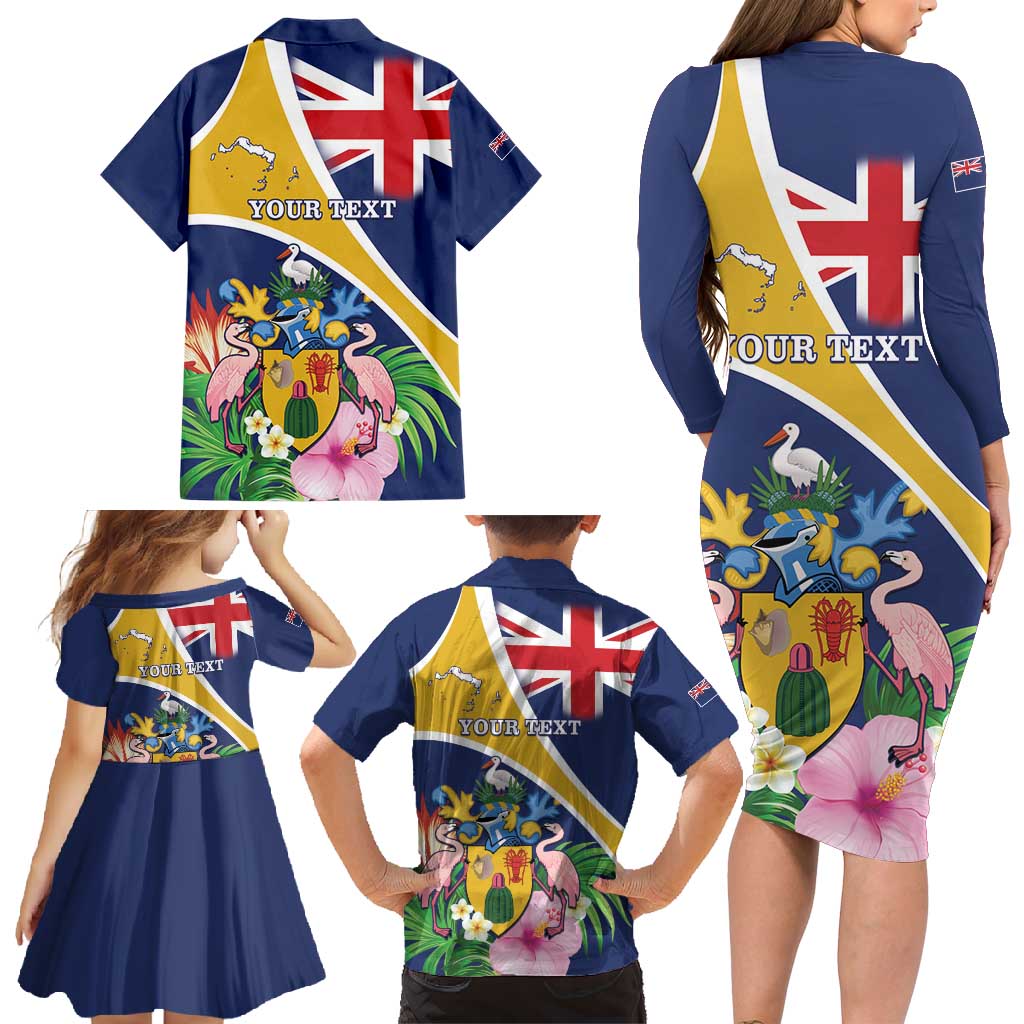 Personalised Turks And Caicos Islands Family Matching Long Sleeve Bodycon Dress and Hawaiian Shirt Coat Of Arms Tropical Flower - Wonder Print Shop