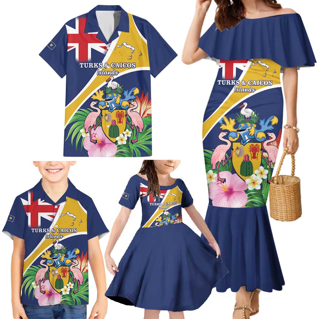 Personalised Turks And Caicos Islands Family Matching Mermaid Dress and Hawaiian Shirt Coat Of Arms Tropical Flower - Wonder Print Shop