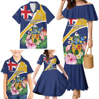 Personalised Turks And Caicos Islands Family Matching Mermaid Dress and Hawaiian Shirt Coat Of Arms Tropical Flower - Wonder Print Shop