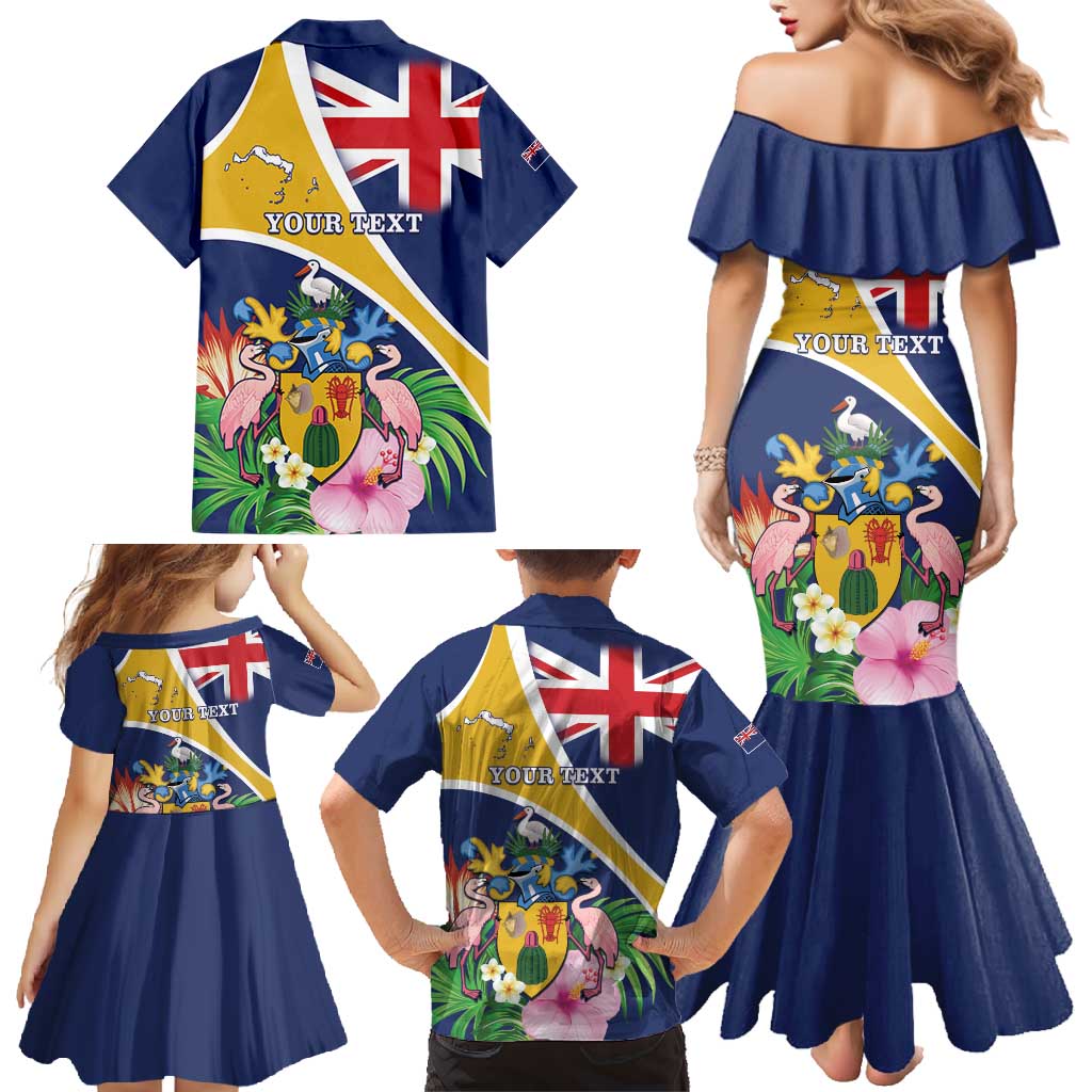 Personalised Turks And Caicos Islands Family Matching Mermaid Dress and Hawaiian Shirt Coat Of Arms Tropical Flower - Wonder Print Shop
