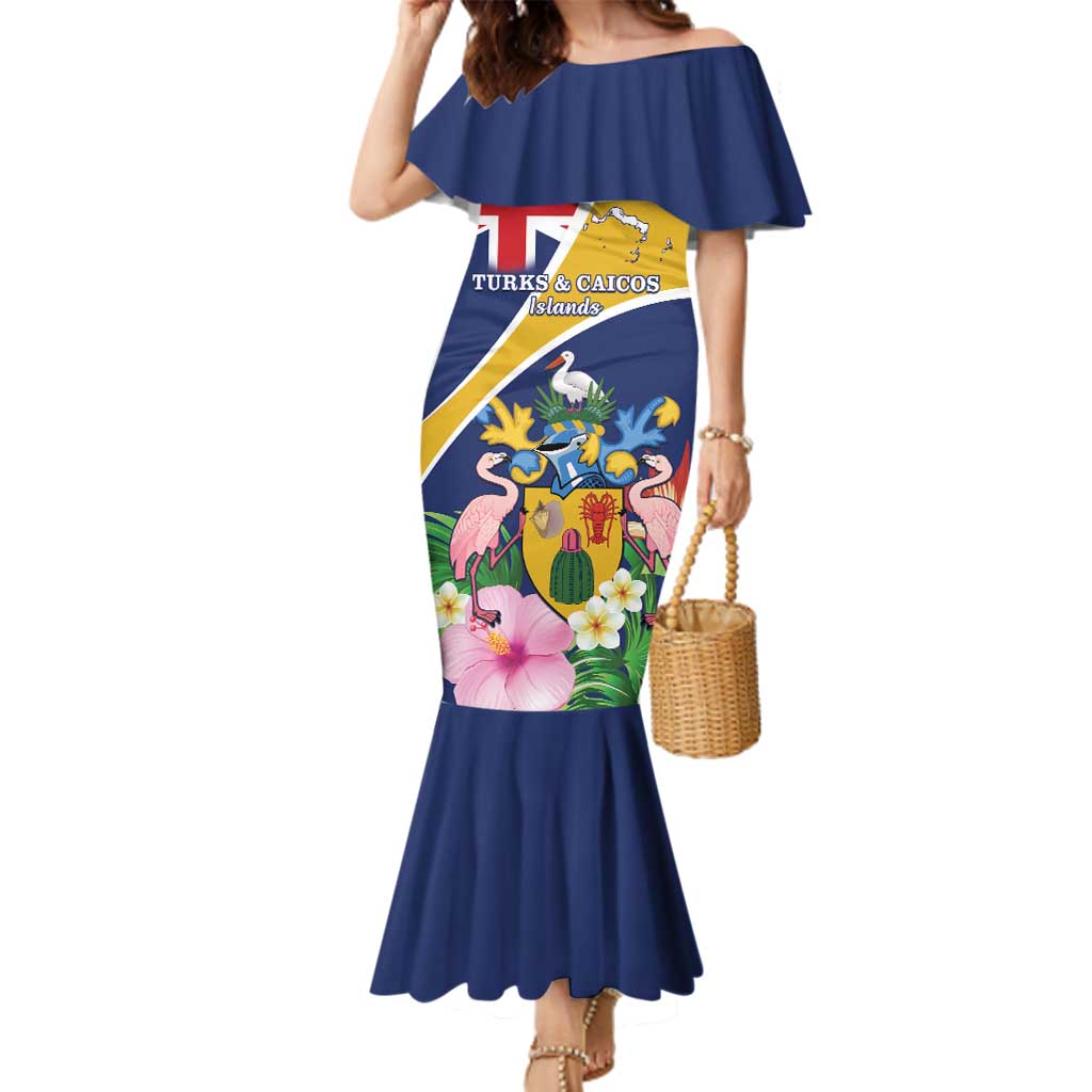 Personalised Turks And Caicos Islands Family Matching Mermaid Dress and Hawaiian Shirt Coat Of Arms Tropical Flower - Wonder Print Shop