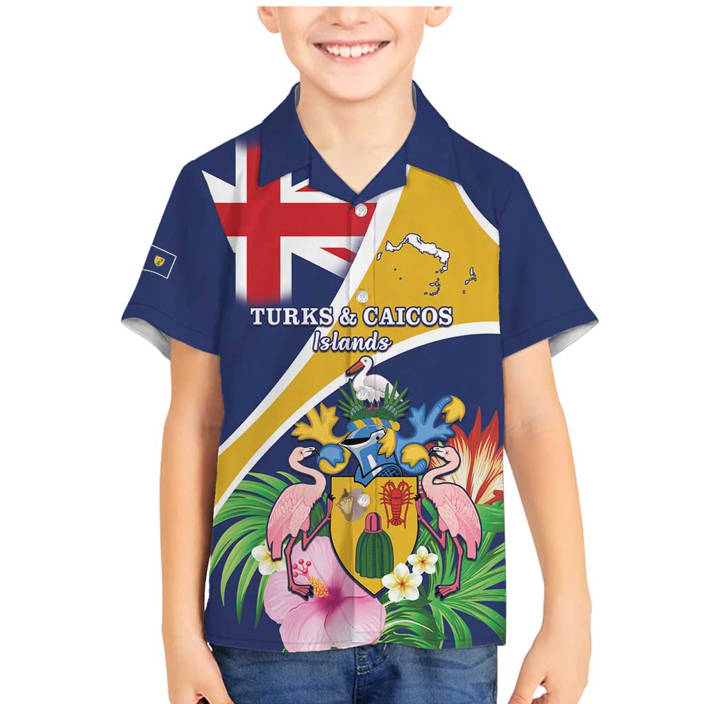 Personalised Turks And Caicos Islands Family Matching Mermaid Dress and Hawaiian Shirt Coat Of Arms Tropical Flower - Wonder Print Shop