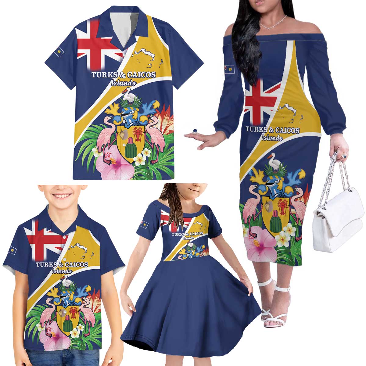 Personalised Turks And Caicos Islands Family Matching Off The Shoulder Long Sleeve Dress and Hawaiian Shirt Coat Of Arms Tropical Flower - Wonder Print Shop