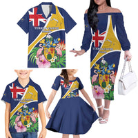 Personalised Turks And Caicos Islands Family Matching Off The Shoulder Long Sleeve Dress and Hawaiian Shirt Coat Of Arms Tropical Flower - Wonder Print Shop