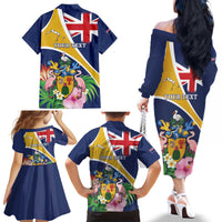 Personalised Turks And Caicos Islands Family Matching Off The Shoulder Long Sleeve Dress and Hawaiian Shirt Coat Of Arms Tropical Flower - Wonder Print Shop