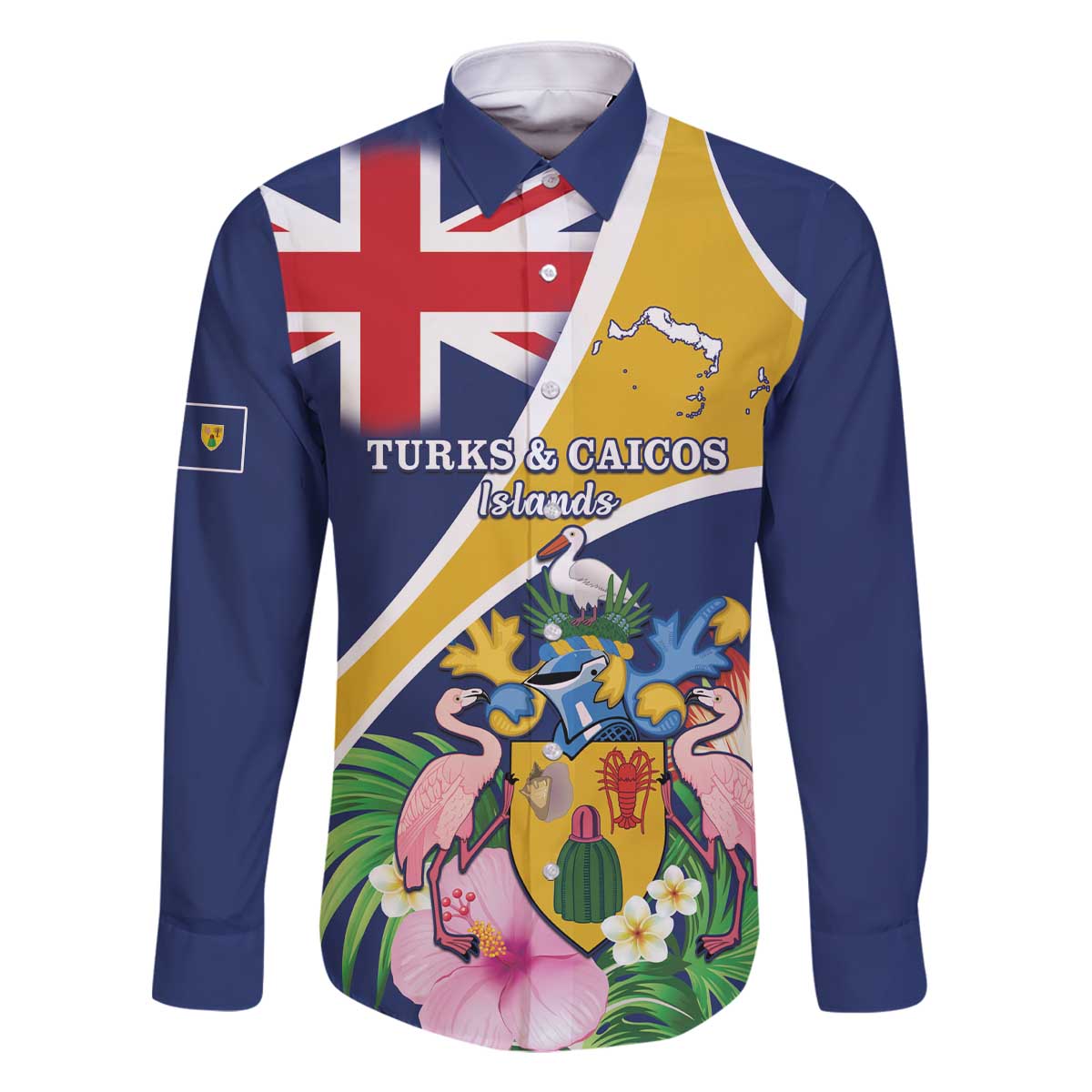 Personalised Turks And Caicos Islands Family Matching Off The Shoulder Long Sleeve Dress and Hawaiian Shirt Coat Of Arms Tropical Flower - Wonder Print Shop