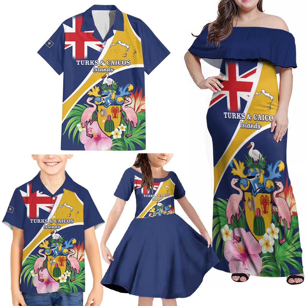 Personalised Turks And Caicos Islands Family Matching Off Shoulder Maxi Dress and Hawaiian Shirt Coat Of Arms Tropical Flower - Wonder Print Shop