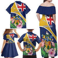 Personalised Turks And Caicos Islands Family Matching Off Shoulder Maxi Dress and Hawaiian Shirt Coat Of Arms Tropical Flower - Wonder Print Shop