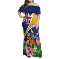 Personalised Turks And Caicos Islands Family Matching Off Shoulder Maxi Dress and Hawaiian Shirt Coat Of Arms Tropical Flower - Wonder Print Shop