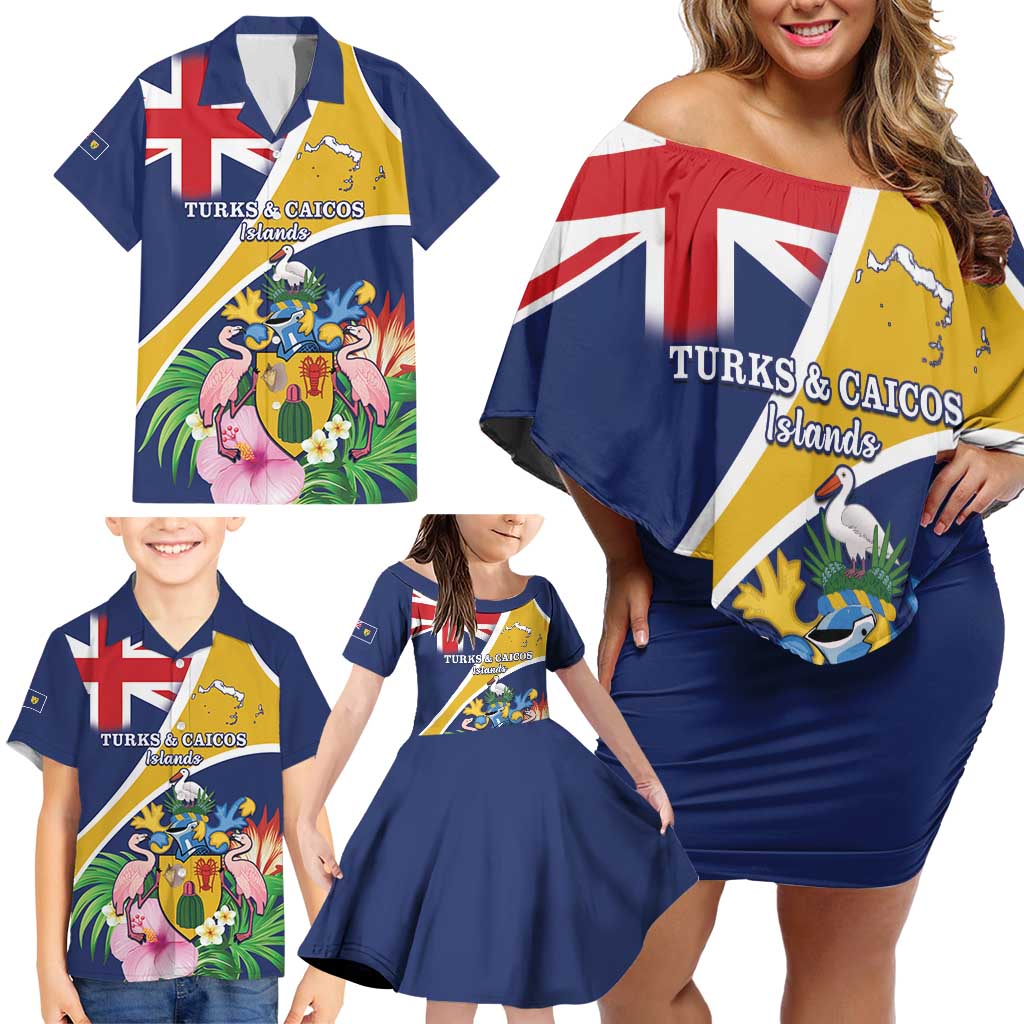 Personalised Turks And Caicos Islands Family Matching Off Shoulder Short Dress and Hawaiian Shirt Coat Of Arms Tropical Flower - Wonder Print Shop