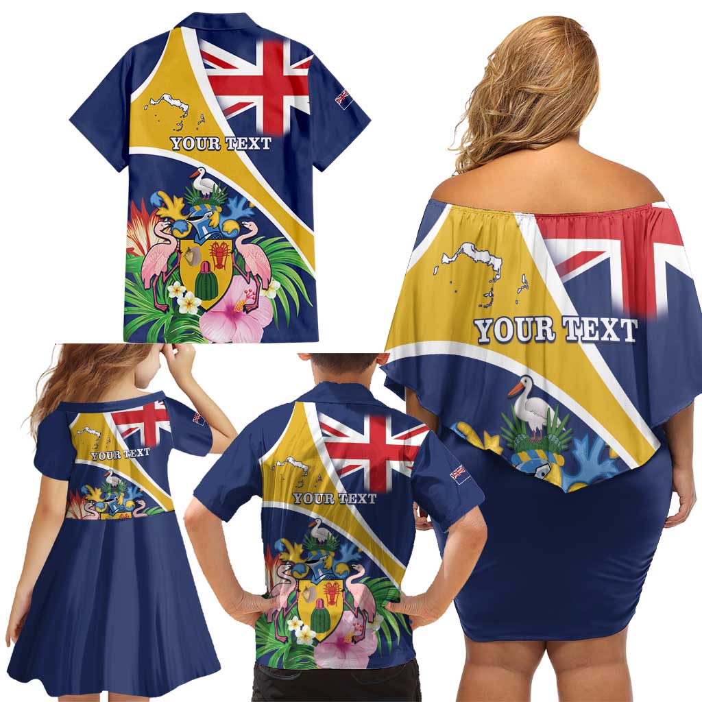 Personalised Turks And Caicos Islands Family Matching Off Shoulder Short Dress and Hawaiian Shirt Coat Of Arms Tropical Flower - Wonder Print Shop