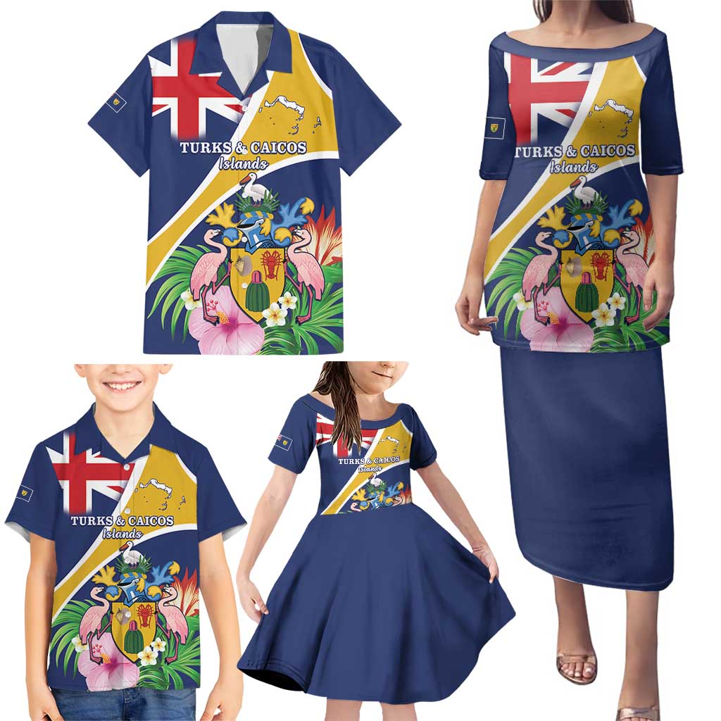 Personalised Turks And Caicos Islands Family Matching Puletasi and Hawaiian Shirt Coat Of Arms Tropical Flower - Wonder Print Shop