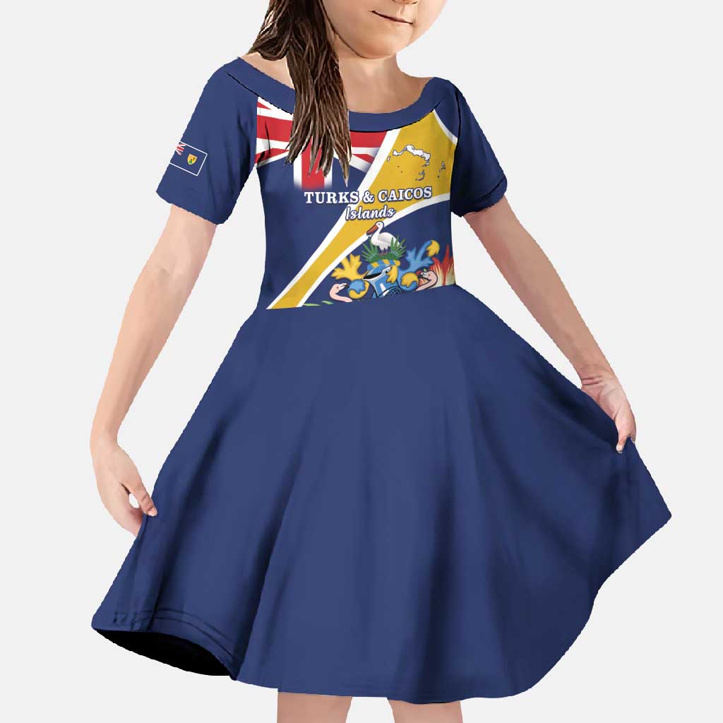 Personalised Turks And Caicos Islands Family Matching Short Sleeve Bodycon Dress and Hawaiian Shirt Coat Of Arms Tropical Flower - Wonder Print Shop