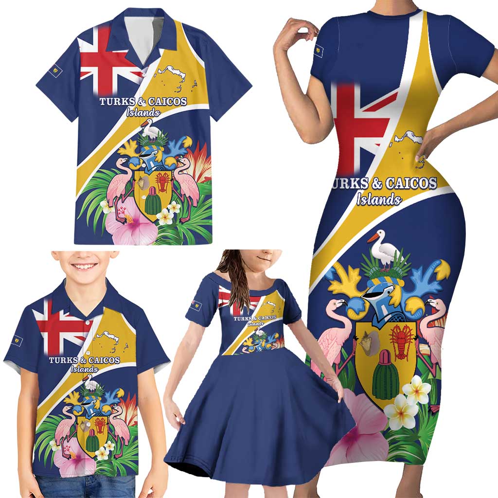 Personalised Turks And Caicos Islands Family Matching Short Sleeve Bodycon Dress and Hawaiian Shirt Coat Of Arms Tropical Flower - Wonder Print Shop