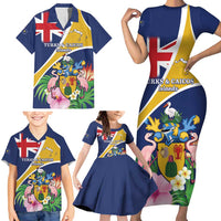 Personalised Turks And Caicos Islands Family Matching Short Sleeve Bodycon Dress and Hawaiian Shirt Coat Of Arms Tropical Flower - Wonder Print Shop