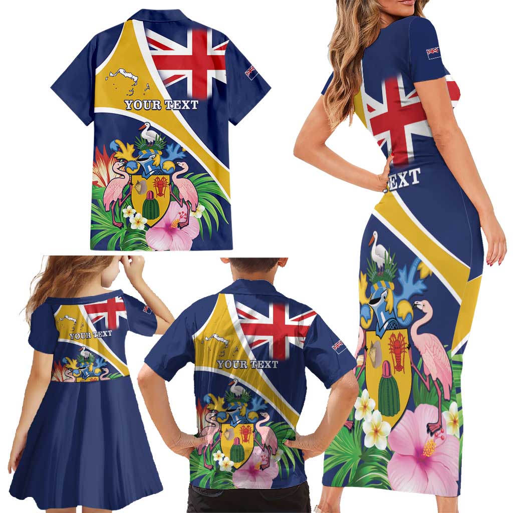 Personalised Turks And Caicos Islands Family Matching Short Sleeve Bodycon Dress and Hawaiian Shirt Coat Of Arms Tropical Flower - Wonder Print Shop