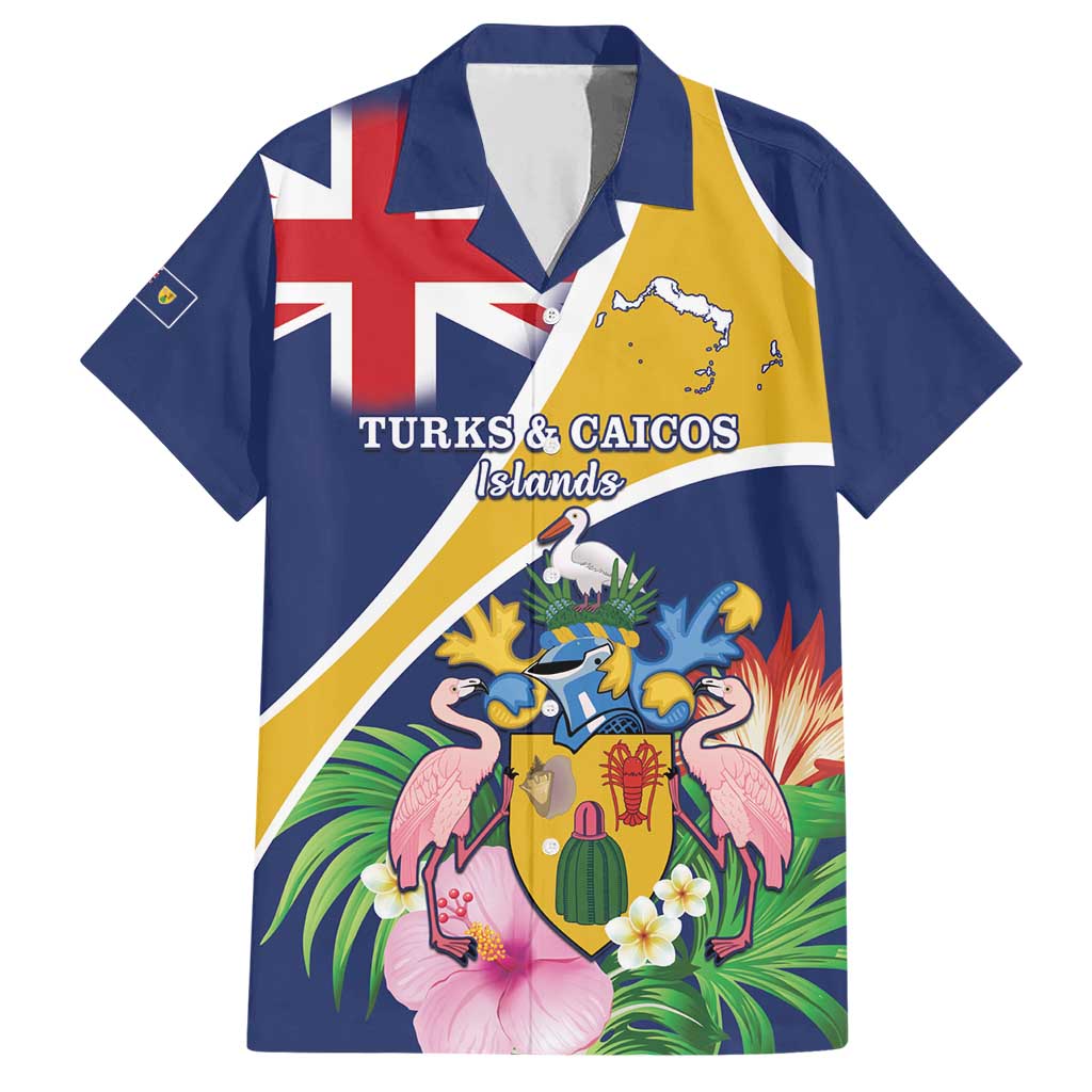 Personalised Turks And Caicos Islands Family Matching Short Sleeve Bodycon Dress and Hawaiian Shirt Coat Of Arms Tropical Flower - Wonder Print Shop