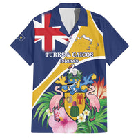 Personalised Turks And Caicos Islands Family Matching Short Sleeve Bodycon Dress and Hawaiian Shirt Coat Of Arms Tropical Flower - Wonder Print Shop
