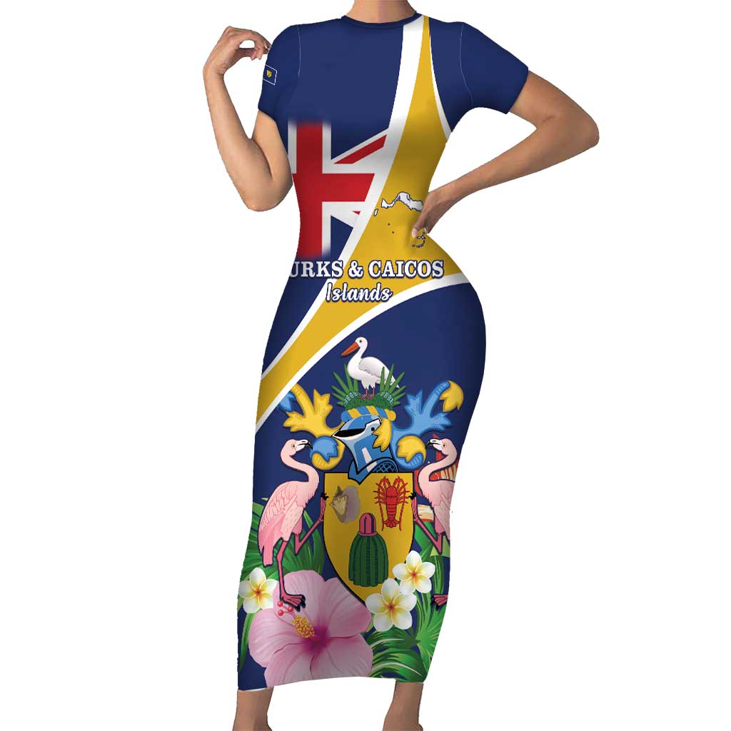 Personalised Turks And Caicos Islands Family Matching Short Sleeve Bodycon Dress and Hawaiian Shirt Coat Of Arms Tropical Flower - Wonder Print Shop
