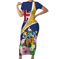 Personalised Turks And Caicos Islands Family Matching Short Sleeve Bodycon Dress and Hawaiian Shirt Coat Of Arms Tropical Flower - Wonder Print Shop