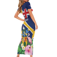 Personalised Turks And Caicos Islands Family Matching Short Sleeve Bodycon Dress and Hawaiian Shirt Coat Of Arms Tropical Flower - Wonder Print Shop