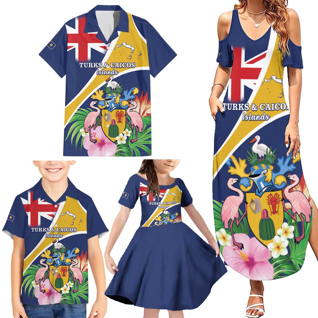 Personalised Turks And Caicos Islands Family Matching Summer Maxi Dress and Hawaiian Shirt Coat Of Arms Tropical Flower - Wonder Print Shop