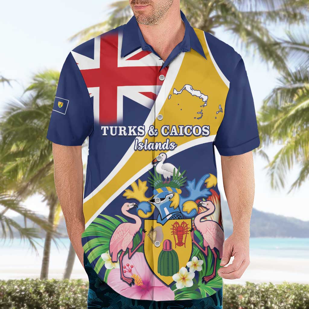 Personalised Turks And Caicos Islands Hawaiian Shirt Coat Of Arms Tropical Flower - Wonder Print Shop