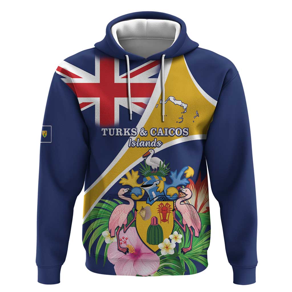 Personalised Turks And Caicos Islands Hoodie Coat Of Arms Tropical Flower - Wonder Print Shop
