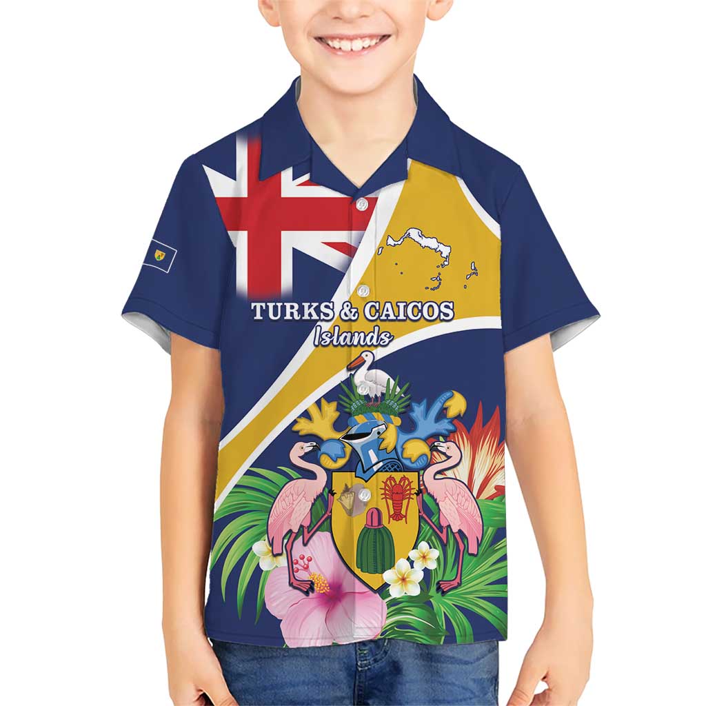 Personalised Turks And Caicos Islands Kid Hawaiian Shirt Coat Of Arms Tropical Flower - Wonder Print Shop