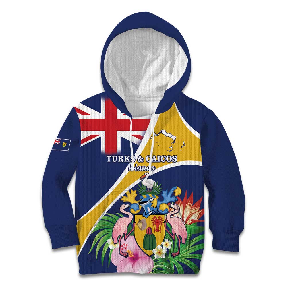 Personalised Turks And Caicos Islands Kid Hoodie Coat Of Arms Tropical Flower - Wonder Print Shop