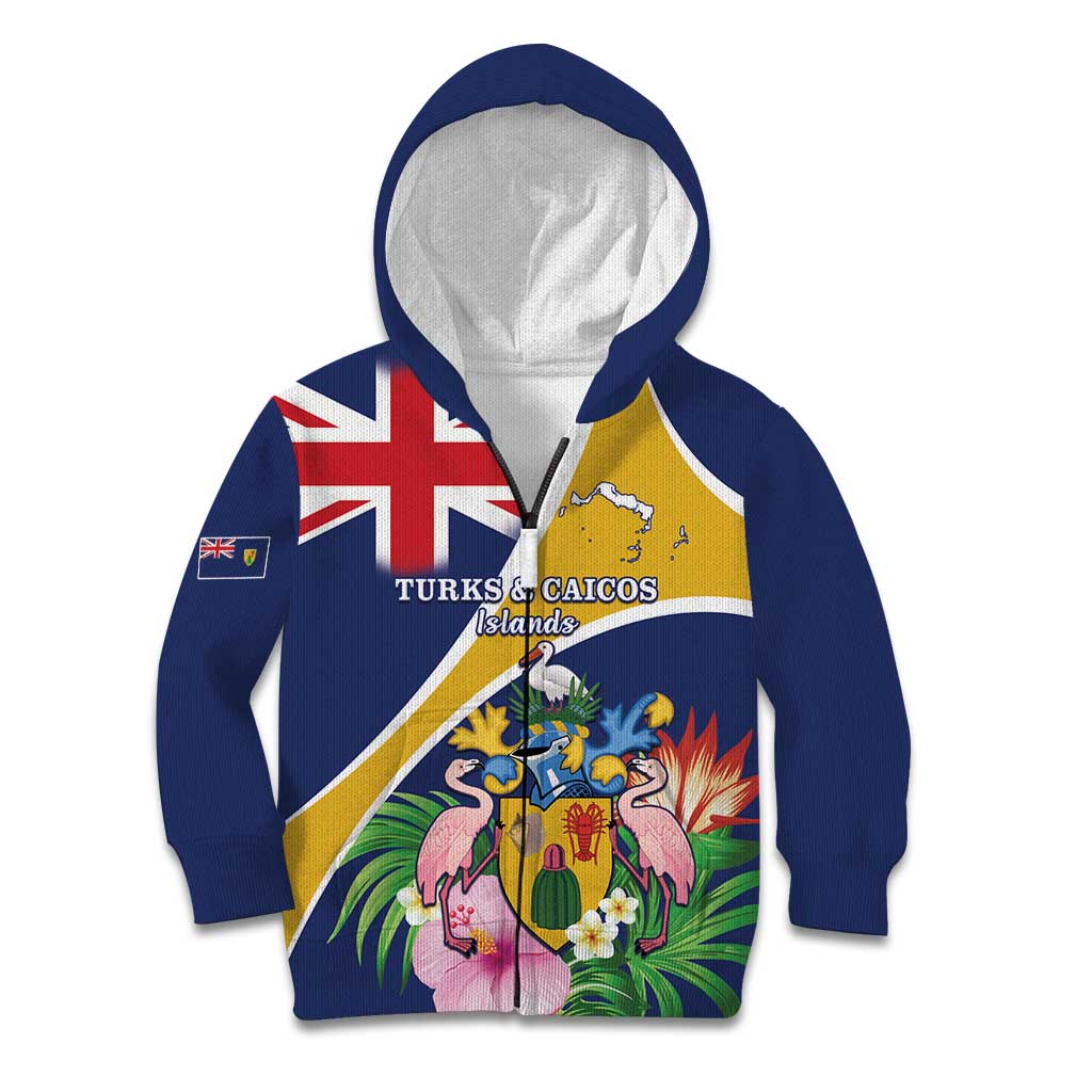 Personalised Turks And Caicos Islands Kid Hoodie Coat Of Arms Tropical Flower - Wonder Print Shop