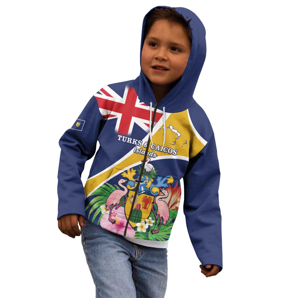 Personalised Turks And Caicos Islands Kid Hoodie Coat Of Arms Tropical Flower - Wonder Print Shop