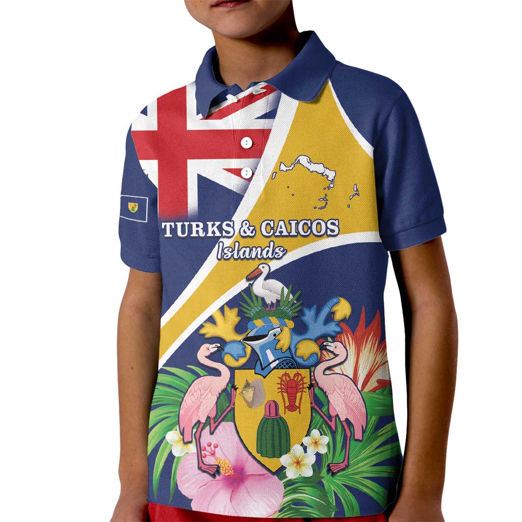Personalised Turks And Caicos Islands Kid Polo Shirt Coat Of Arms Tropical Flower - Wonder Print Shop