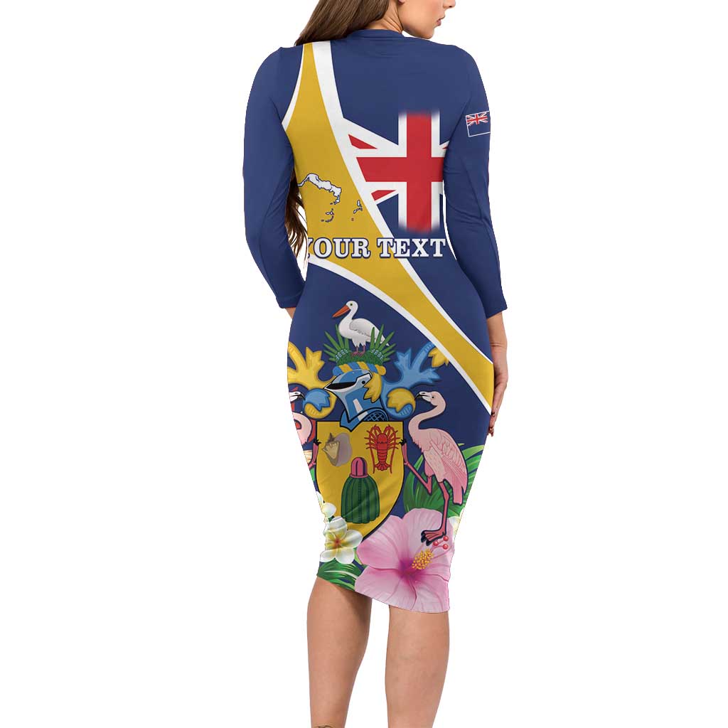 Personalised Turks And Caicos Islands Long Sleeve Bodycon Dress Coat Of Arms Tropical Flower - Wonder Print Shop