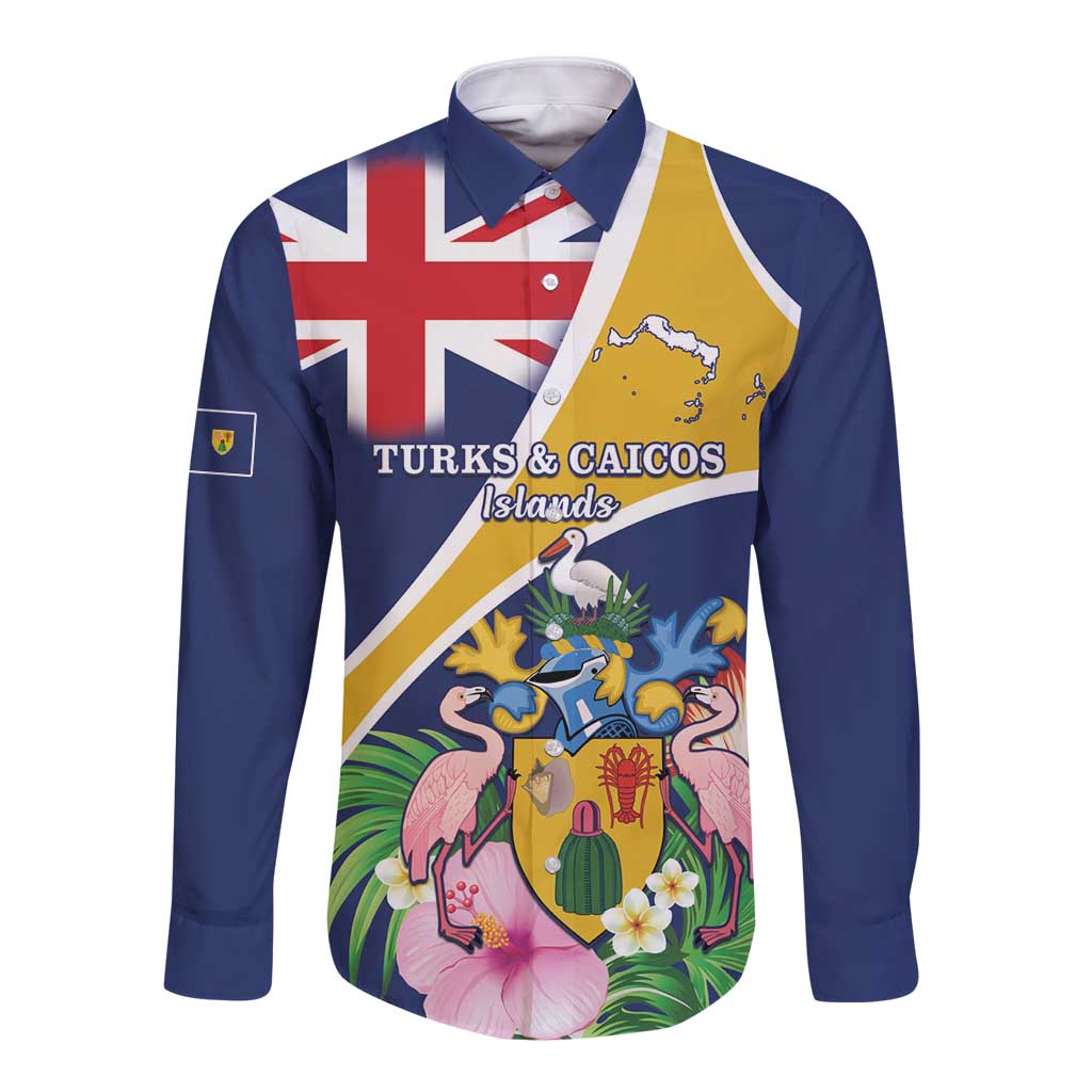 Personalised Turks And Caicos Islands Long Sleeve Button Shirt Coat Of Arms Tropical Flower - Wonder Print Shop