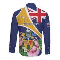 Personalised Turks And Caicos Islands Long Sleeve Button Shirt Coat Of Arms Tropical Flower - Wonder Print Shop