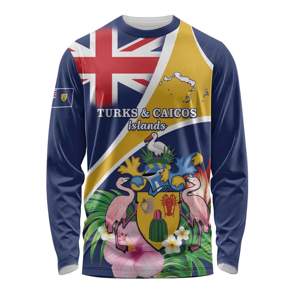 Personalised Turks And Caicos Islands Long Sleeve Shirt Coat Of Arms Tropical Flower - Wonder Print Shop