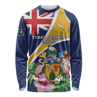 Personalised Turks And Caicos Islands Long Sleeve Shirt Coat Of Arms Tropical Flower - Wonder Print Shop