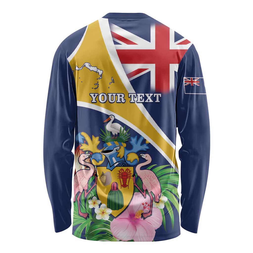 Personalised Turks And Caicos Islands Long Sleeve Shirt Coat Of Arms Tropical Flower - Wonder Print Shop