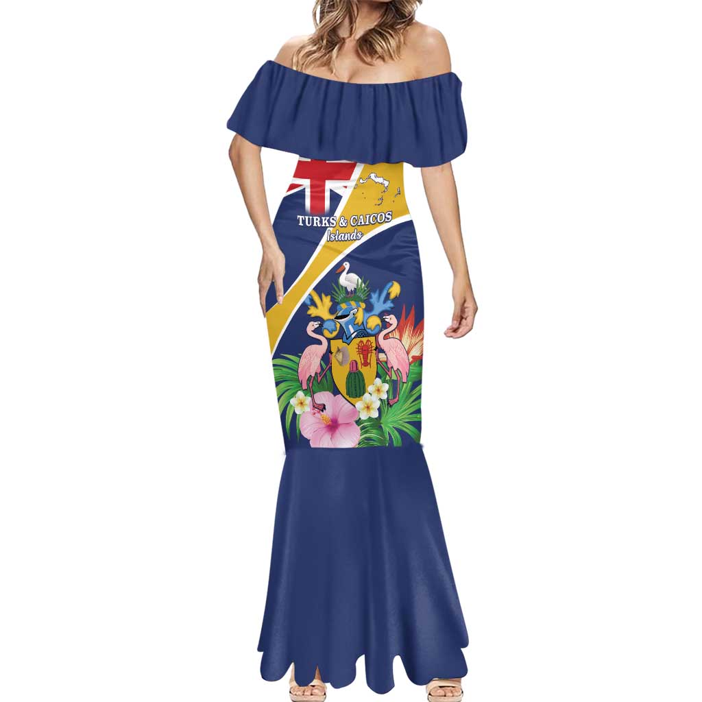 Personalised Turks And Caicos Islands Mermaid Dress Coat Of Arms Tropical Flower - Wonder Print Shop