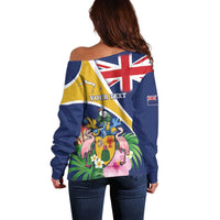 Personalised Turks And Caicos Islands Off Shoulder Sweater Coat Of Arms Tropical Flower - Wonder Print Shop