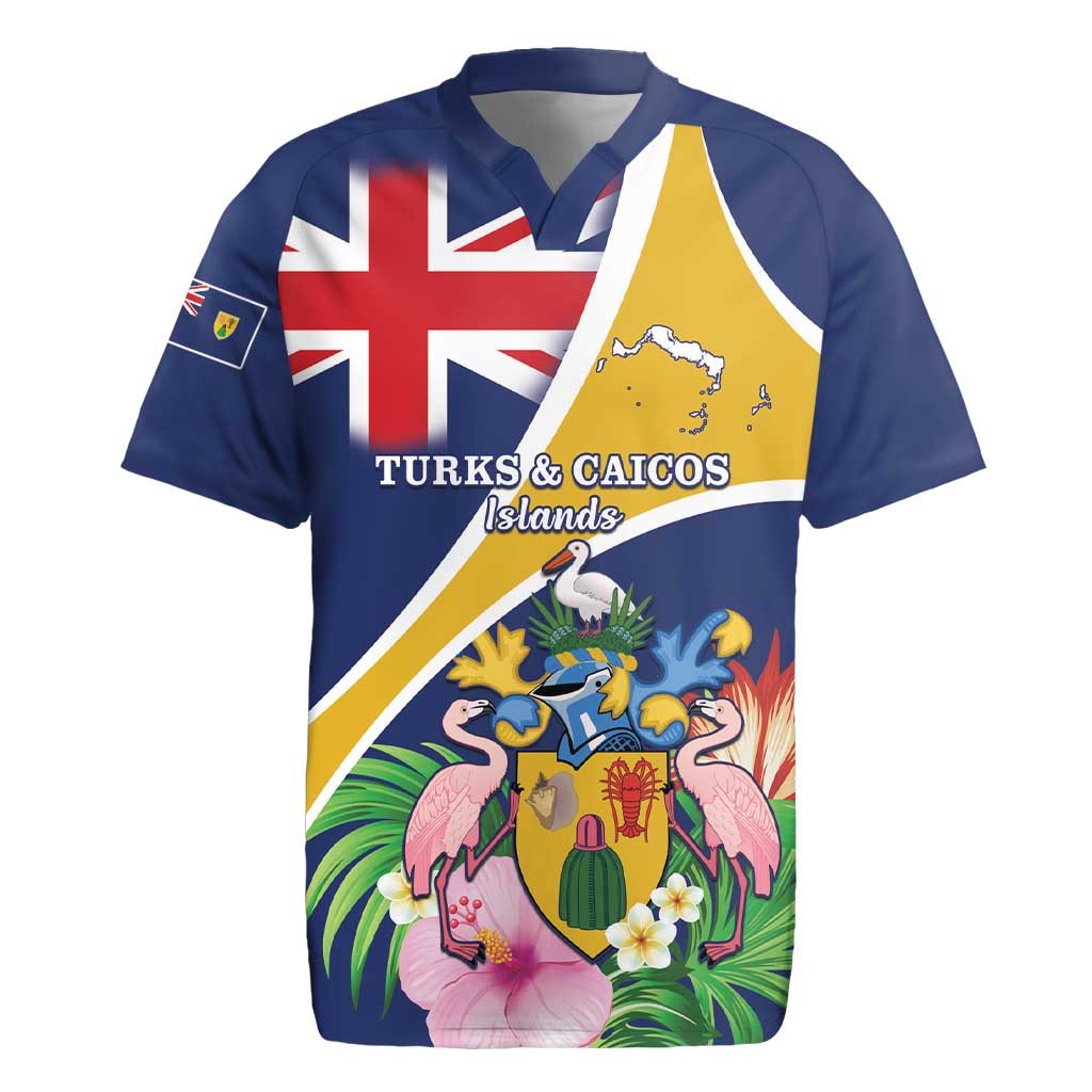 Personalised Turks And Caicos Islands Rugby Jersey Coat Of Arms Tropical Flower - Wonder Print Shop