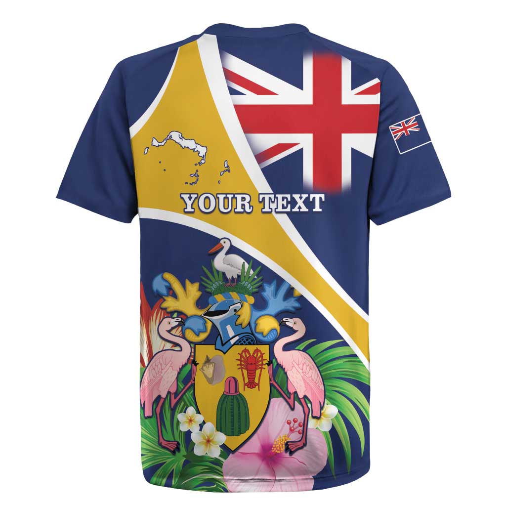 Personalised Turks And Caicos Islands Rugby Jersey Coat Of Arms Tropical Flower - Wonder Print Shop